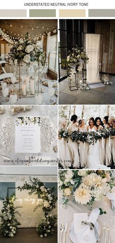 a collage of wedding photos with flowers and greenery on the side, in shades of white