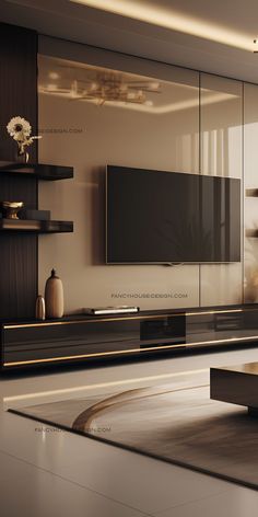 a living room scene with focus on the television and entertainment center that's built into the wall