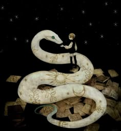 a painting of a man standing on top of a white snake