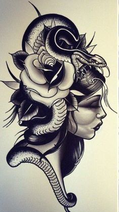 a drawing of a woman's face with snake and roses