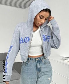 Women Sweatshirts, Fabric Letters, Zipper Hoodie, Long Sleeve Knit, Drop Shoulder, Women Clothing, Sweatshirts Women, Knitted Fabric