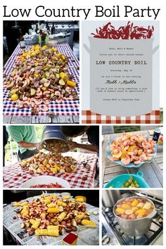 various pictures of food on a table with the words low country boil party