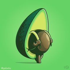 an avocado cartoon character with its head in the middle of it's body