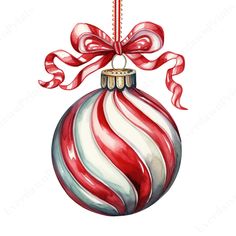 a red, white and blue christmas ornament hanging on a string with a bow