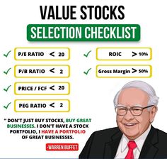 the value stocks selection checklist is shown in green and yellow with an image of a man