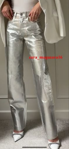 Metallic Leather Pants, Luxury Straight Leg Jeans For Spring, Chic Shiny Fitted Bottoms, Shiny Fitted Pants For Fall, Fitted Shiny Pants For Fall, Trendy Five-pocket Winter Pants, Winter Fitted Pants With Five Pockets, Fitted Winter Pants With Five Pockets, Fitted Pants With Five Pockets For Winter