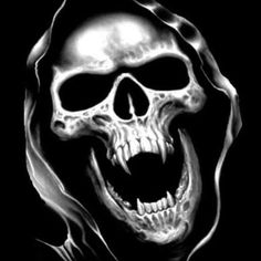 a black and white image of a skull with its mouth open