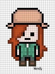 a pixellated image of a person wearing a hat and green shirt, with the words wendy