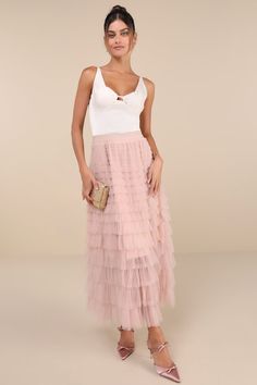 You'll know exactly how to create the most darling ensembles with the Lulus Instinctually Flirty Dusty Pink Tulle Tiered Maxi Skirt! Airy sheer tulle (atop a matching knit liner that ends at the mid-thigh) shapes this too-cute skirt that features a high, elastic waistband and a breezy, A-line silhouette adorned with cascading ruffled tiers. A chic, ankle-length maxi hem completes the look. Fit: This garment fits true to size. Length: Ankle length. Size medium measures 37.5" from waist to hem. Wa Pink Tulle Skirt Outfit, Tulle Skirts Outfit, Skirt Tiered, Pink Maxi Skirt, Pink Tulle Skirt, Pink Midi Skirt, Tulle Maxi Skirt, Tiered Maxi Skirt, Fashion Aesthetics