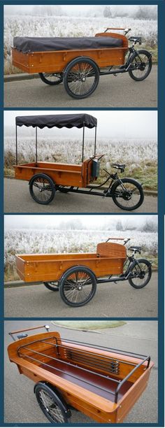 three different views of an old fashioned motorcycle with sidecar attached to the front and back