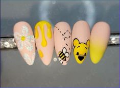 Cereal Nail Art, Nails Cute Animals, Pink Mickey Mouse Nails, Cute Character Nail Designs, Fun Almond Shaped Nails, Winnie The Pooh Nail Art Step By Step, Friends Inspired Nails, Character Themed Nails, Minion Nails Acrylic