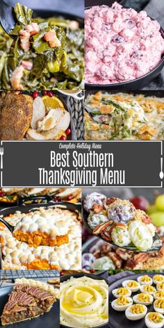 the best southern thanksgiving menu with images of different foods and vegetables on it, including turkey,