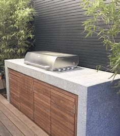 an outdoor grill on a wooden deck next to plants