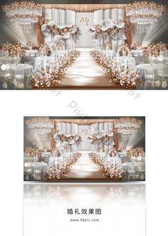 an image of a stage set up for a wedding ceremony with white and gold decorations