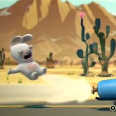 a cartoon character is riding a skateboard in the desert