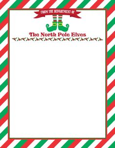 the north pole elves christmas letterhead is shown in red, green and white stripes