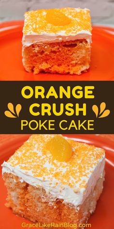 orange crush poke cake on an orange plate