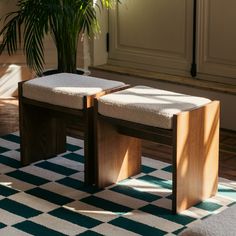 two wooden benches sitting on top of a checkered rug next to a potted plant