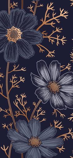 blue and gold flowers on a black background