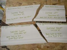 three pieces of white paper with green writing on them sitting on top of construction materials