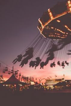 an amusement park at night with people riding on swings and flying in the air above