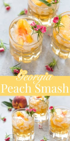 three glasses filled with peach smash and garnished with flowers