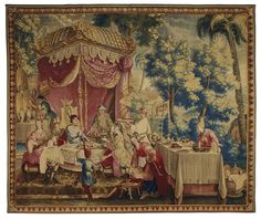 an old tapestry with people sitting at a table in front of a canopy and trees