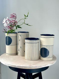 three vases sitting on top of a table next to a flower pot with a plant in it