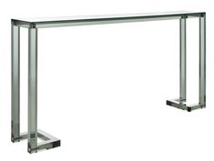 a metal and glass console table with two legs on each side, against a white background