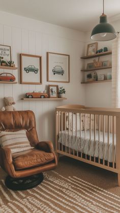 Cozy nursery with vintage car wall art, a leather armchair, and natural wood crib. Car Themed Nursery Vintage, Vintage Truck Nursery Theme, Little Boy Car Room, Vintage Car Themed Nursery, Classic Car Nursery, Dirt Bike Nursery Baby Boy, Baby Boy Nursery Car Theme, Nursery With Color, Nursery Ideas Boy Themes