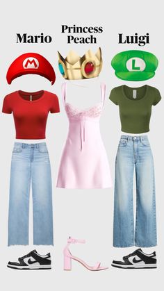 three different types of clothes and shoes with the words mario, peach and luigi on them