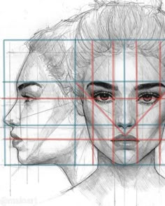 a drawing of two people's faces with different lines on the face and behind them