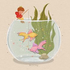 Fish Bowl Illustration, Fish In Bowl, Bowl Illustration, Cute Kawaii Drawings, Fish Bowl, Kawaii Drawings, Happy Sunday, Cute Kawaii, Cute Stuff