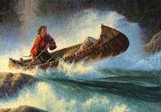 a painting of a man paddling a boat in rough water