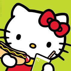 a hello kitty eating a hot dog and holding a drink