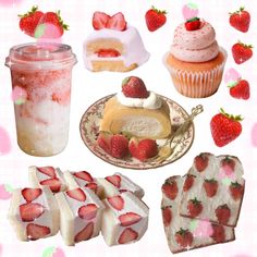 there are many desserts and drinks on the table with strawberries around them, including cupcakes