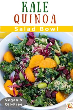 kale quinoa salad bowl with oranges and broccoli in it