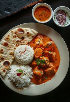 a white plate topped with rice and meat next to two bowls of sauce on a table