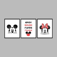 three mickey mouse wall art prints with the words wash brush floss flush on them