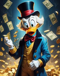 donald duck in top hat and bow tie with money flying out of his mouth,