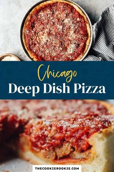 chicago deep dish pizza on a white plate with the words chicago deep dish pizza above it