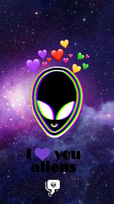 an alien with hearts floating out of it's head and the words i love you aliens