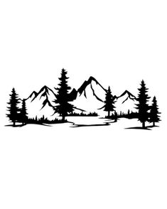 a black and white silhouette of trees in the mountains