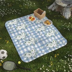 a blue and white checkered picnic blanket with food on it, next to a tennis racket