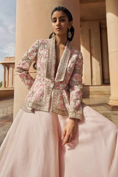 Buy Pankaj & Nidhi Pink Tulle Zora Floral Hand Embellished Jacket With Sharara Online | Aza Fashions Nikkah Inspiration, Jacket With Sharara, Pink Indian Outfit, Sharara For Women, Indian Outfits Modern, Indian Bridesmaid Dresses, Crystal Work, Advertising Ideas