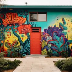 a colorful building with flowers painted on it's side and a red door in front