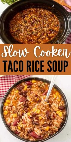 slow cooker taco rice soup in a black bowl with the title above it