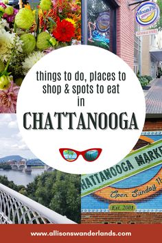 Collage of scenes from Chattanooga, Tennessee - sign from Chattanooga market, Northshore walking bridge, Moon Pie storefront and colorful flowers from the market. Weekend In Chattanooga, Best Restaurants In Chattanooga Tn, Chattanooga Riverwalk, Nashville Travel Guide