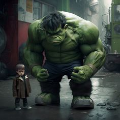 a little boy standing next to a giant hulk