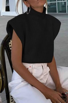 Fit: Regular fit. Detail: Solid color. Sleeveless. Mock neck. Shoulder pads. Knitted. Sweater. Material: 100% Polyester. Care: Machine washes cold, tumble dry low. Color may be lighter or darker due to the different displays. Casual Turtleneck, Look Jean, Sleeveless Turtleneck, Sweater Vest Women, Autumn Fashion Casual, Mode Inspo, Knitting Women Sweater, Sleeveless Vest, Sleeveless Sweater